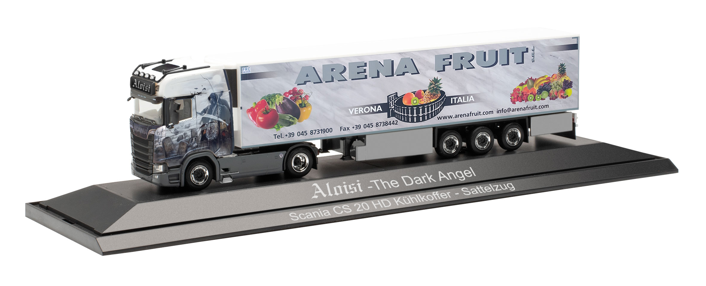 herpa- Scania Maquette Camion CS 20 HD Semi-remorque frigorifique Arena  Fruit, échelle 1/87, Model Allemand, pièce de Collection, Figurine  Plastique